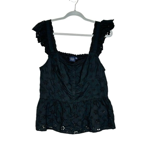 Gap Tops - Gap Eyelet Flutter Sleeve Tank Top Women’s Sz L Black Buttons Cottagecore